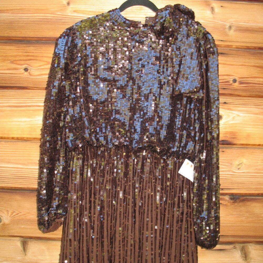 NWT Mac Duggal LONG SLEEVE TEA LENGTH DRESS Brown Size 16 93642 - Picture 8 of 14